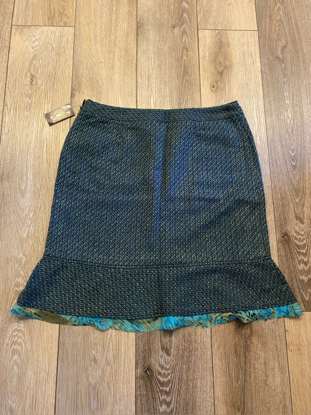 Versailles Women’s Trumpet Skirt Y2K Tweed 14 Blue Green Ruffle Hem Office NWT